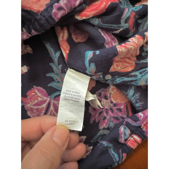 Lucky Brand Floral Blouse L Boho Navy Pullover Long Sleeve Pleated - Picture 9 of 10